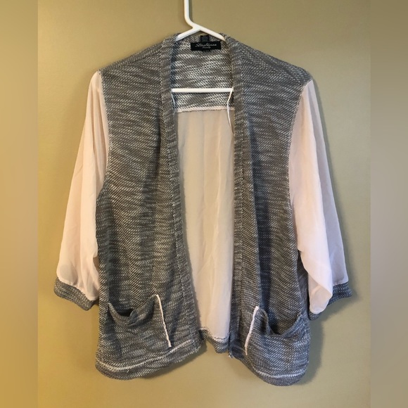 Gray & Pink Sheer Sleeve Cardigan Blouse Top - Picture 3 of 3